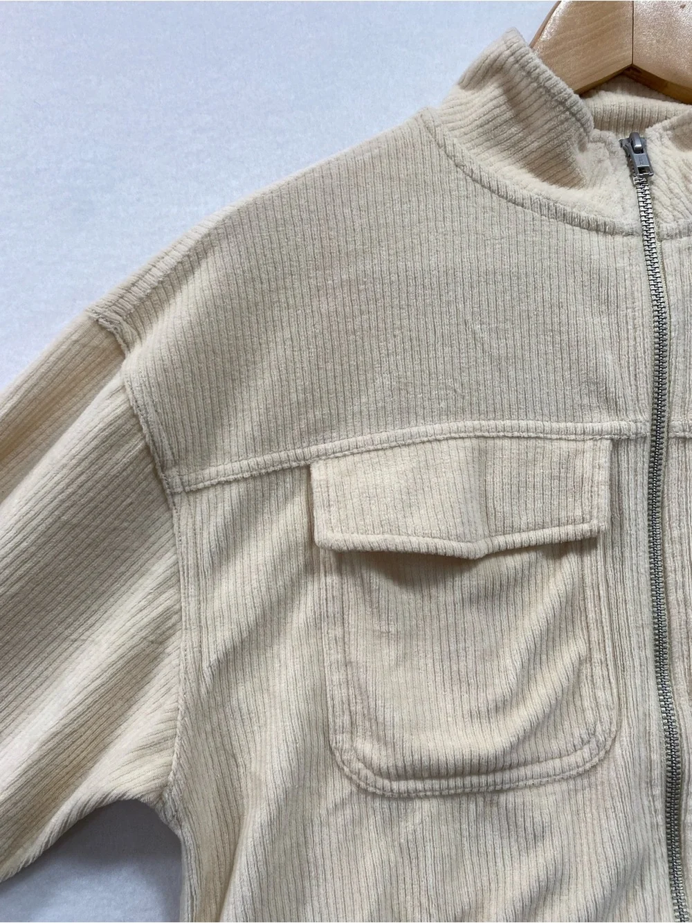 Aerie Cream Cropped Corduroy Zip Up Jacket XS Utility Mock Neck Fall Staple